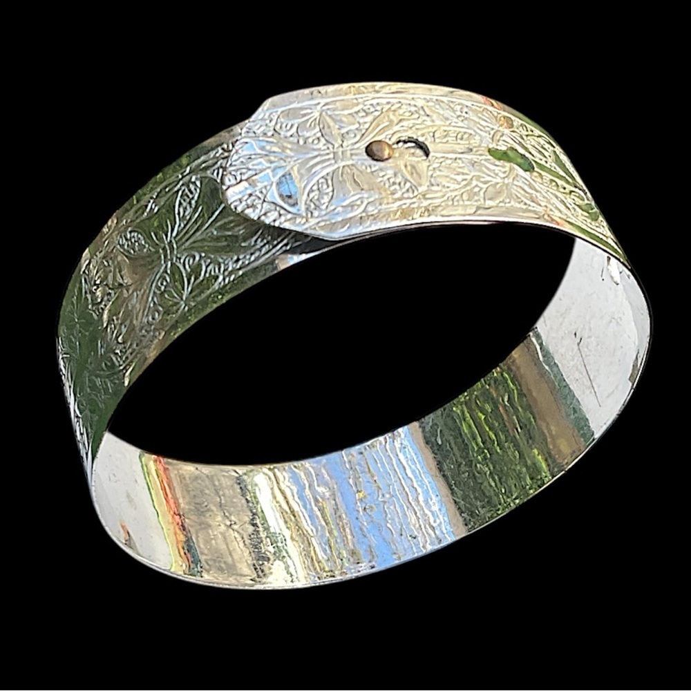 Vintage Victorian Revival Etched Buckle Bracelet Silver Tone